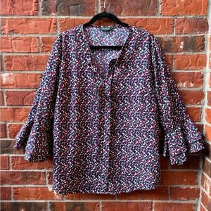 Lauren Ralph Lauren Womens XL Vneck Geometric Trumpet Bell Sleeve Blouse